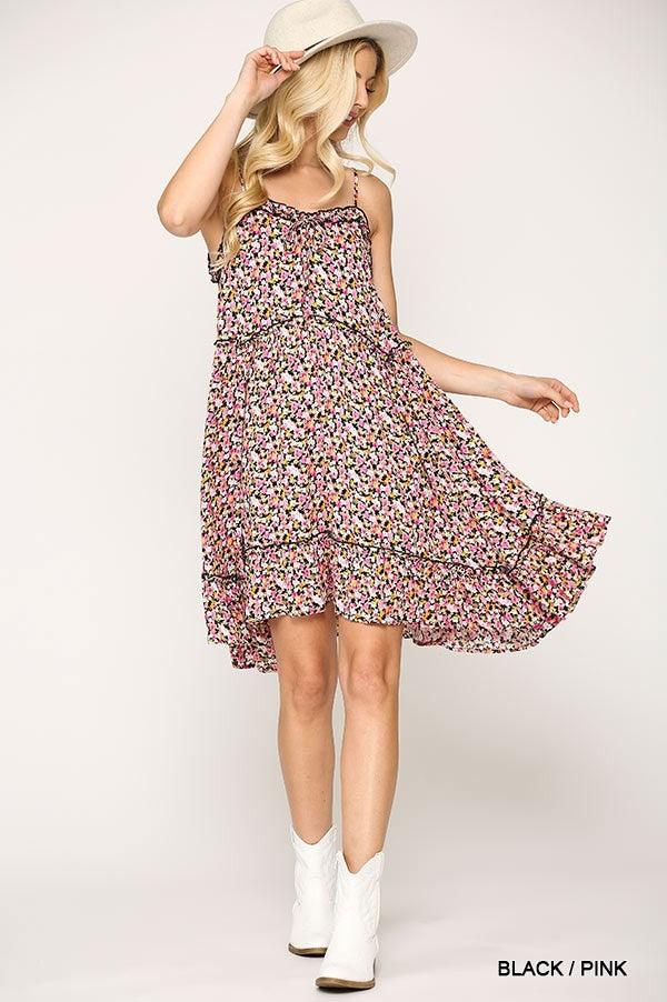 Ditsy Floral Print Sleeveless Dress With Lace Trim Naughty Smile Fashion