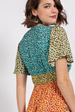 Ditsy floral color block v-neck split button up dress