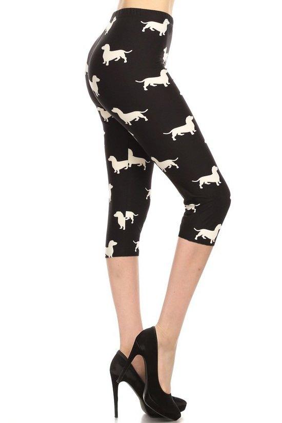 Dog Print, High Waisted Capri Leggings In A Fitted Style With An Elastic Waistband. Naughty Smile Fashion