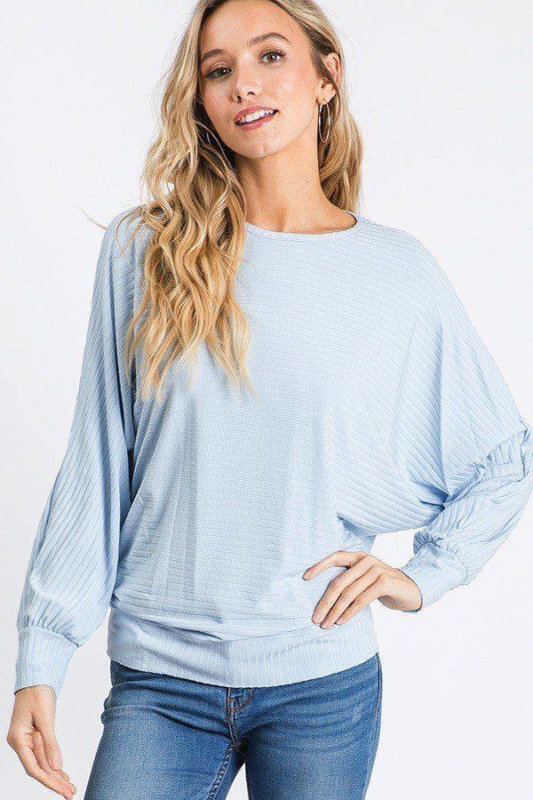 Dolman Long Sleeve Ribbed Top With Banded Hem Naughty Smile Fashion