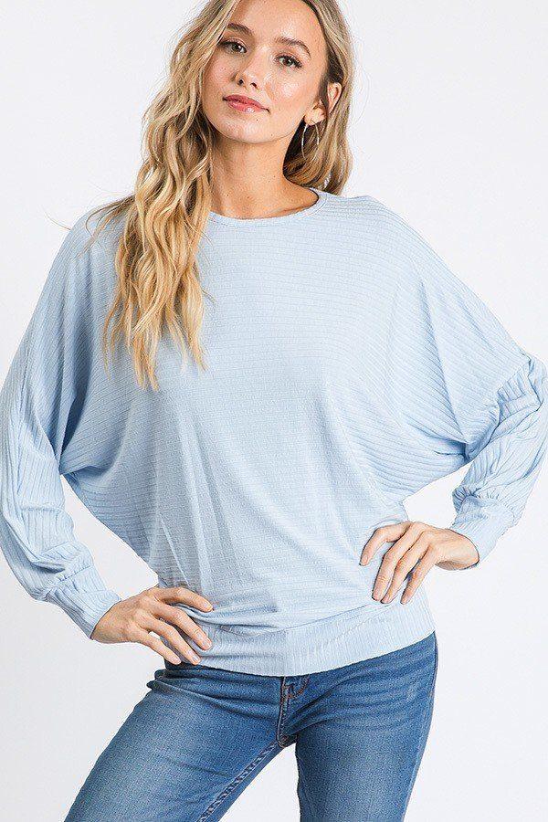 Dolman Long Sleeve Ribbed Top With Banded Hem Naughty Smile Fashion