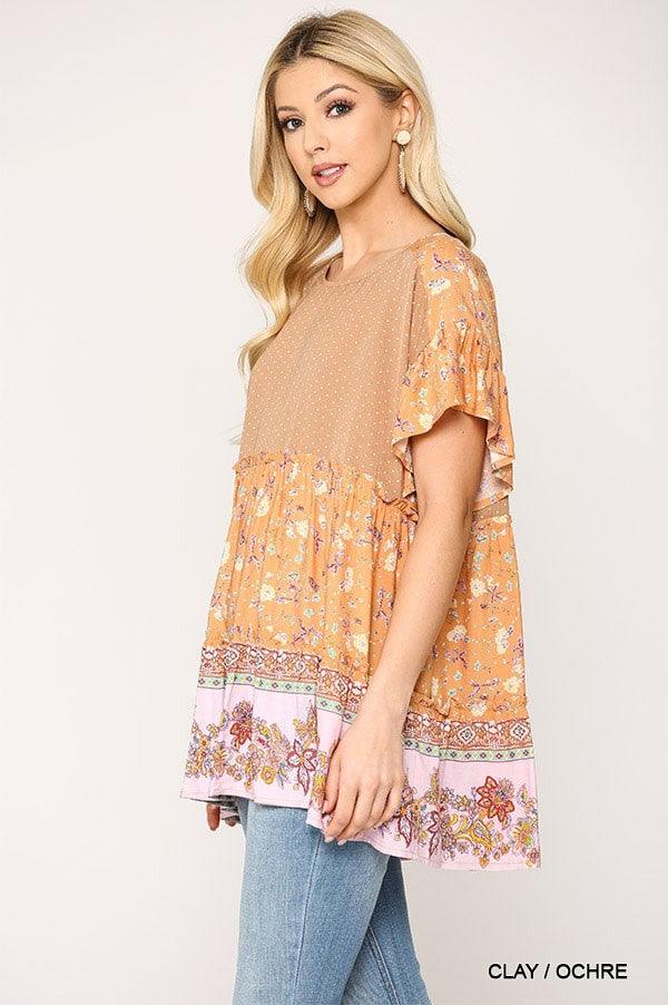 Dot And Floral Print Mixed Ruffle Top With Back Keyhole Naughty Smile Fashion