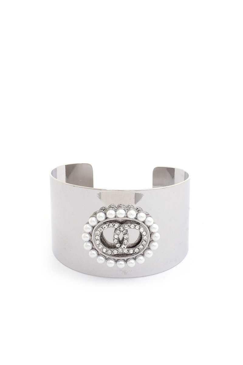 Double Link Rhinestone Pearl Metal Cuff Bracelet Naughty Smile Fashion