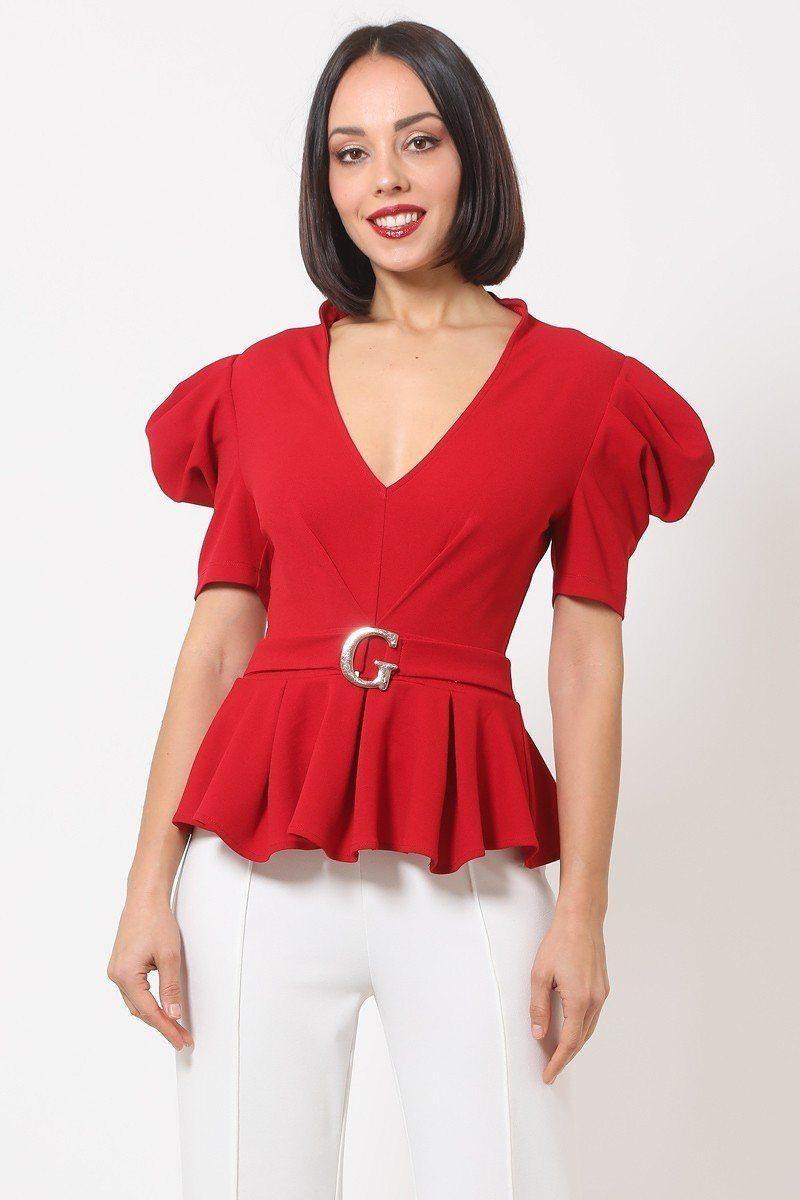 Draped Puff Shoulder Fashion Top With G Buckle Detail Naughty Smile Fashion
