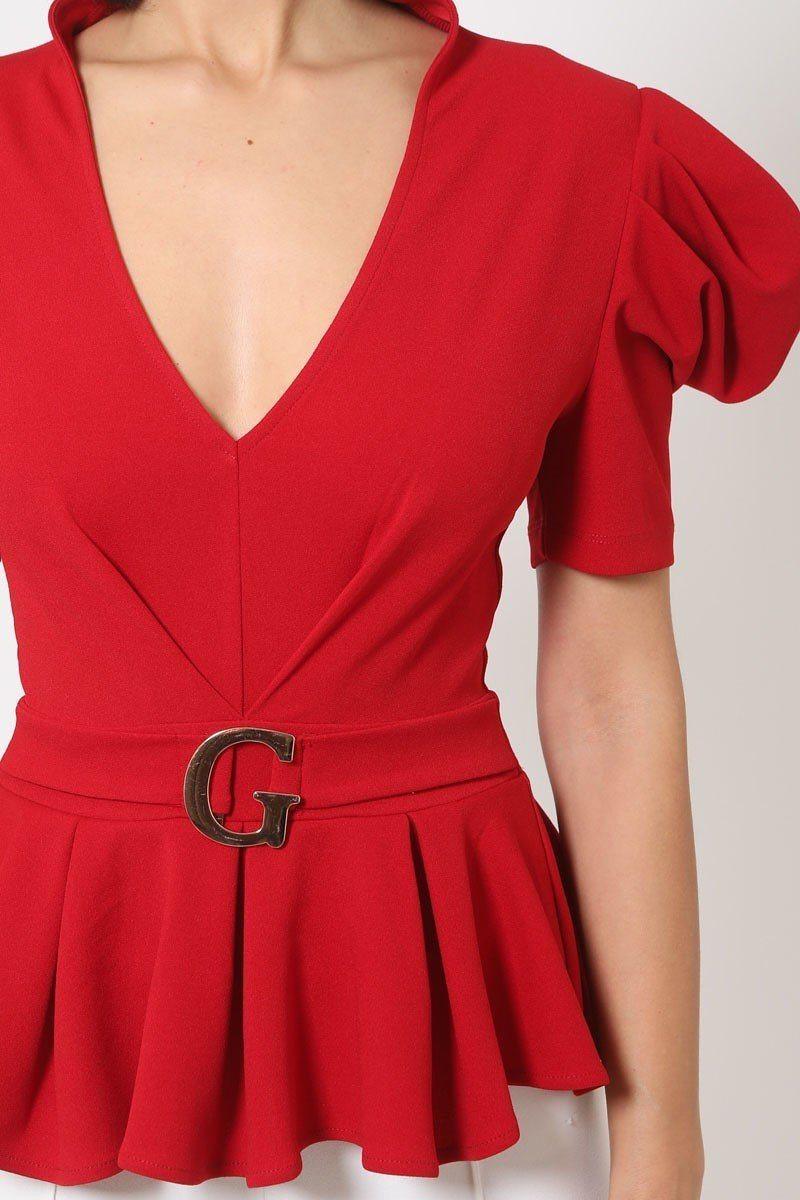Draped Puff Shoulder Fashion Top With G Buckle Detail Naughty Smile Fashion