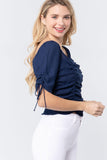Elbow Slv Smocked Ruched Woven Top Naughty Smile Fashion