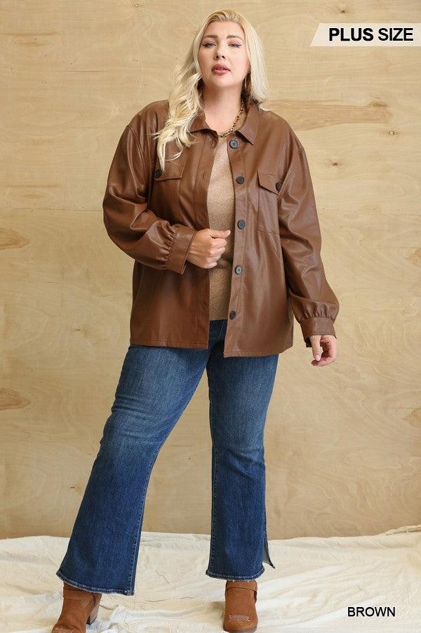 Faux Leather Button Down Shacket With Side Pockets Naughty Smile Fashion