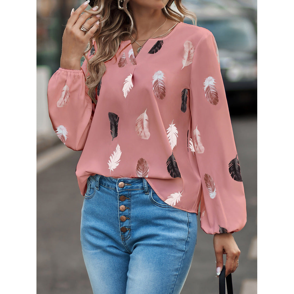 Feather Print Polo Shirt Long Lantern Sleeve Shirt Turndown Collar Breasted Tops Clothes Naughty Smile Fashion