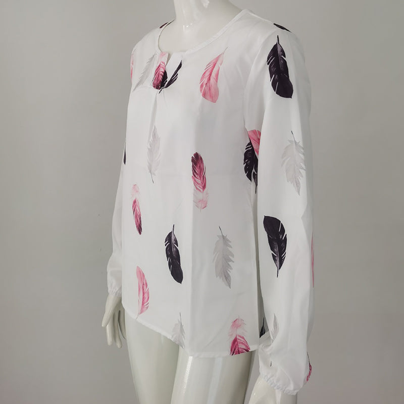 Feather Print Polo Shirt Long Lantern Sleeve Shirt Turndown Collar Breasted Tops Clothes Naughty Smile Fashion