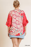 Floral Animal Mixed Print Ruffle Sleeve V-neck Crossbody Top With Scoop Hem