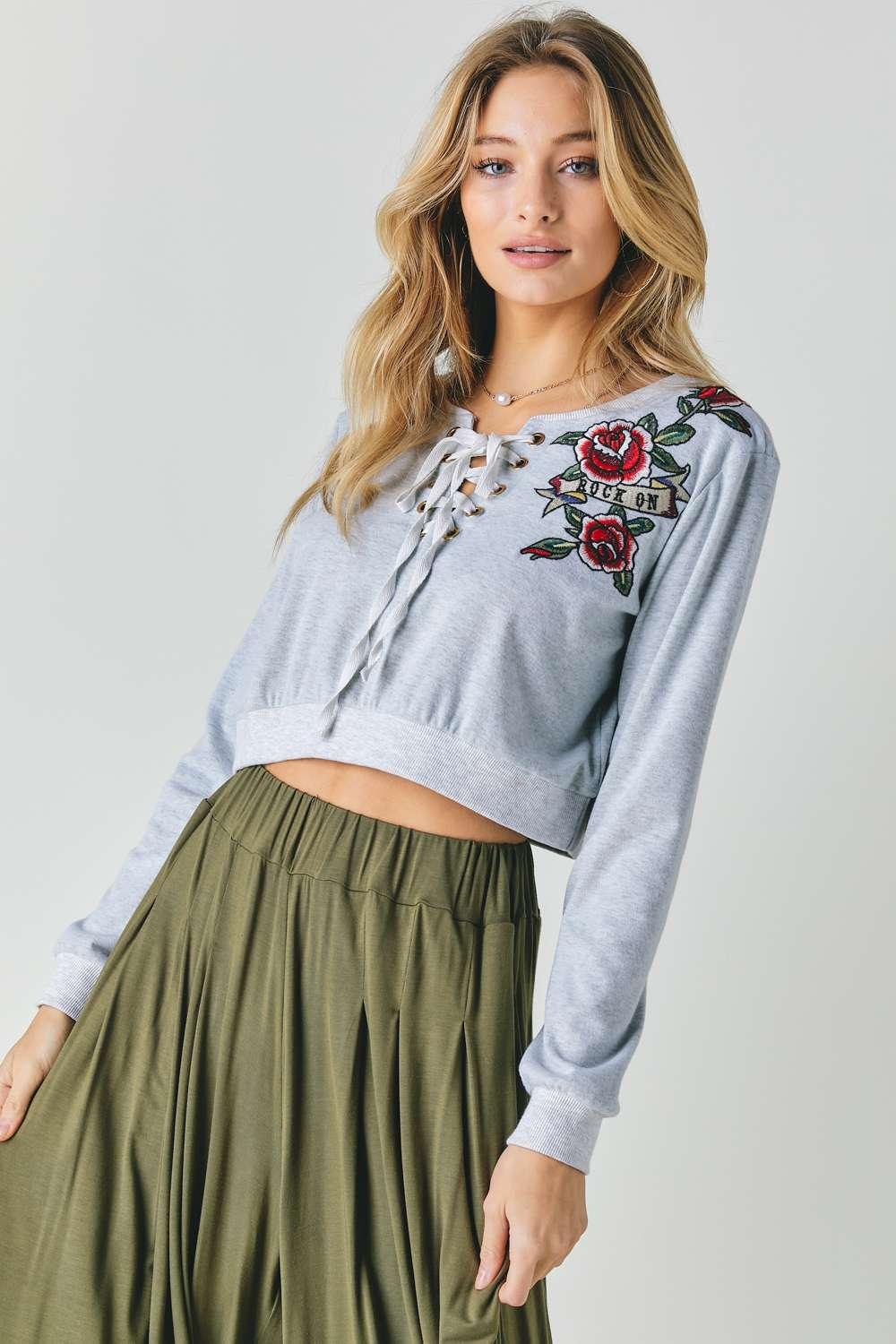 Floral Embroidered Cropped Sweatshirt Naughty Smile Fashion