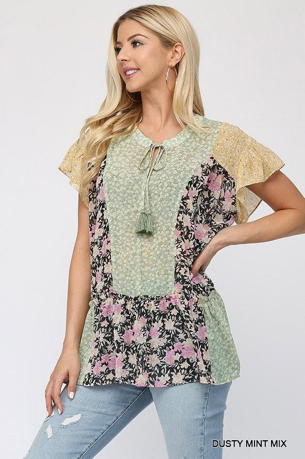 Floral Mixed Print Chiffon Short Top With Front Tassel Tie Naughty Smile Fashion