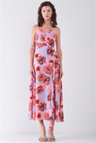 Floral Print Sleeveless Self-tie Wide Wrap Front Ruffle Hem Side Slit Detail Midi Dress Naughty Smile Fashion