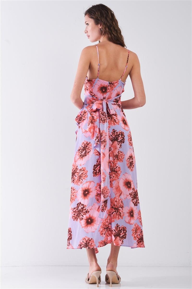 Floral Print Sleeveless Self-tie Wide Wrap Front Ruffle Hem Side Slit Detail Midi Dress Naughty Smile Fashion