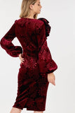 Flower Patch Flocked Velvet Fitted Midi Dress With Puff Sleeves