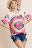 French Terry Tie Dye Printed Casual Mini Bubble Sleeves Tunic Top Naughty Smile Fashion