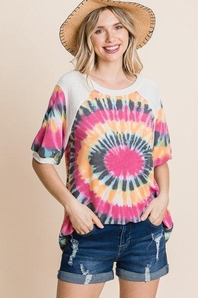French Terry Tie Dye Printed Casual Mini Bubble Sleeves Tunic Top Naughty Smile Fashion