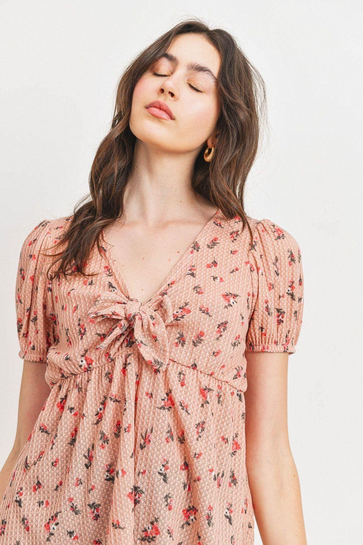 Front Tie Floral Waffle Top
