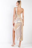 Gold Iridescent V-neck Wrap Gathered Deep Side Slit Different Straps Dress