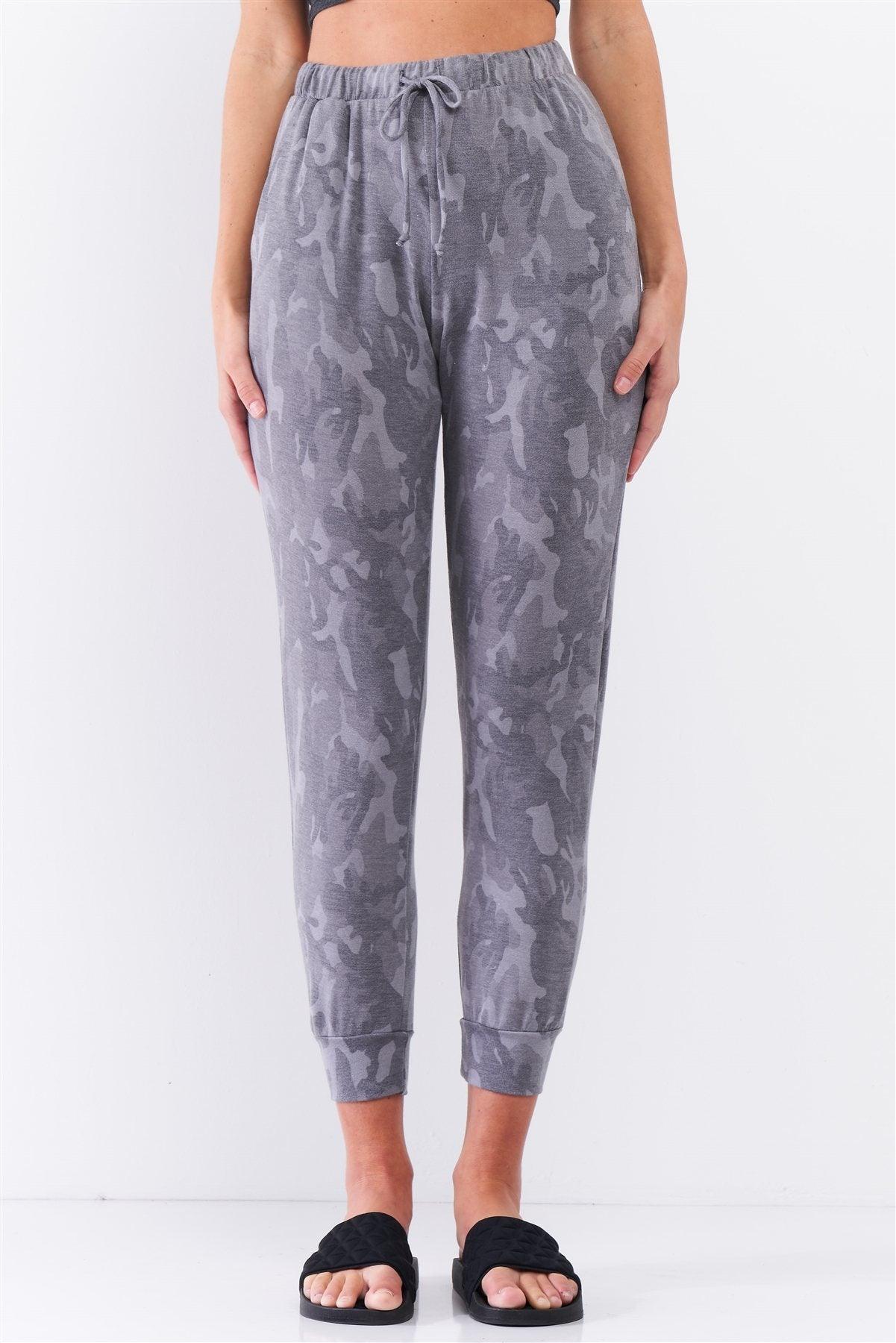 Grey Camo Print Loose Fit High-waisted Elasticated Self-tie Drawstring Waistline Track Pants