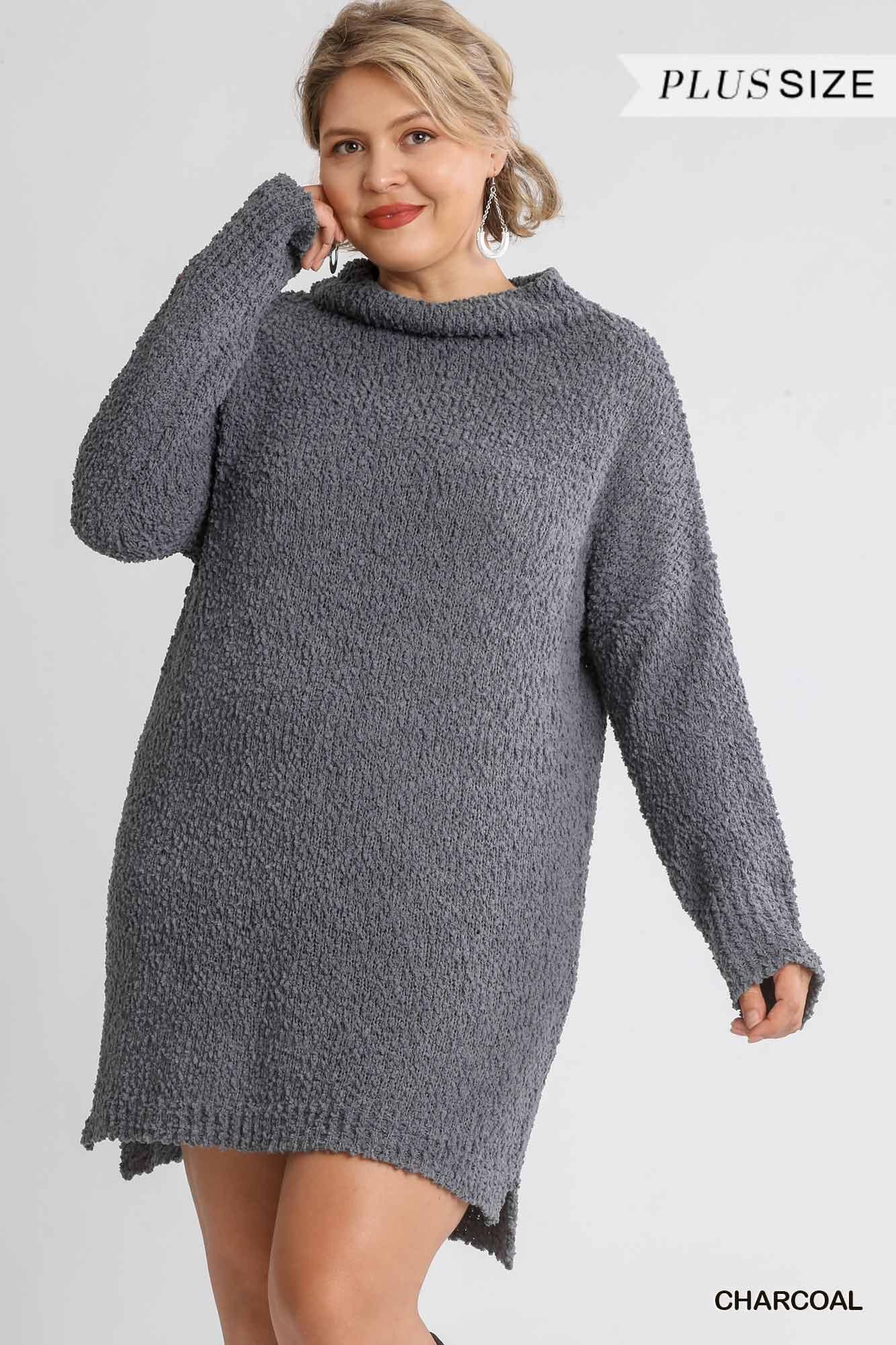 High Cowl Neck Bouclé Long Sleeve Sweater Dress Naughty Smile Fashion