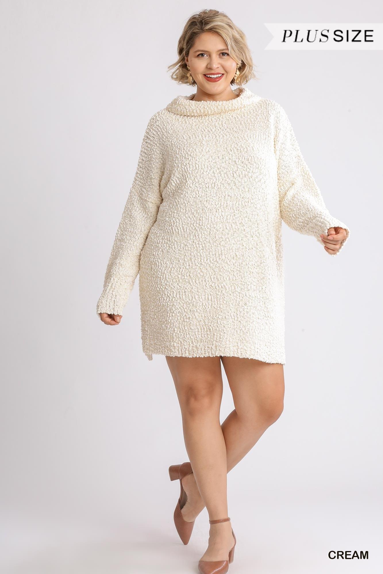 High Cowl Neck Bouclé Long Sleeve Sweater Dress Naughty Smile Fashion