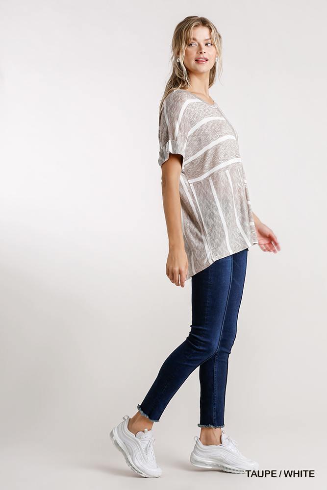 Horizontal And Vertical Striped Short Folded Sleeve Top With High Low Hem Naughty Smile Fashion