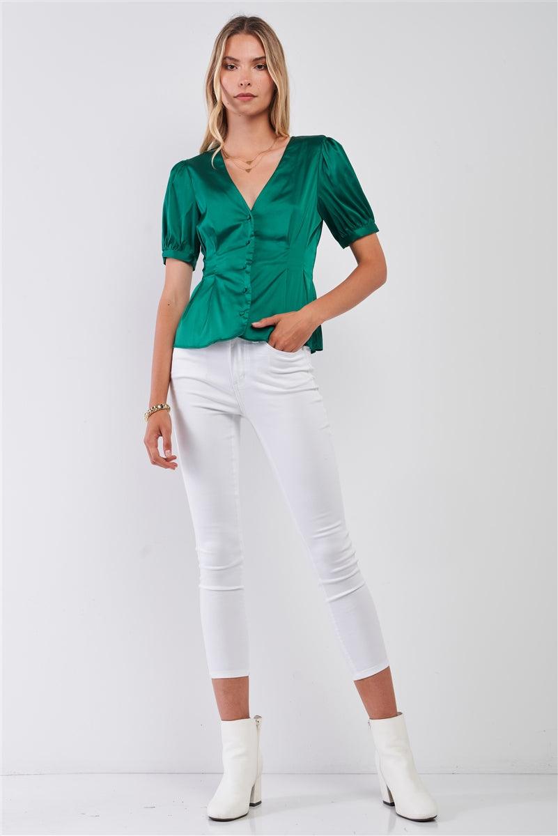 Kelly Green Satin Short Puff Sleeve V-neck Button-down Front Fit & Flare Blouse Top Naughty Smile Fashion