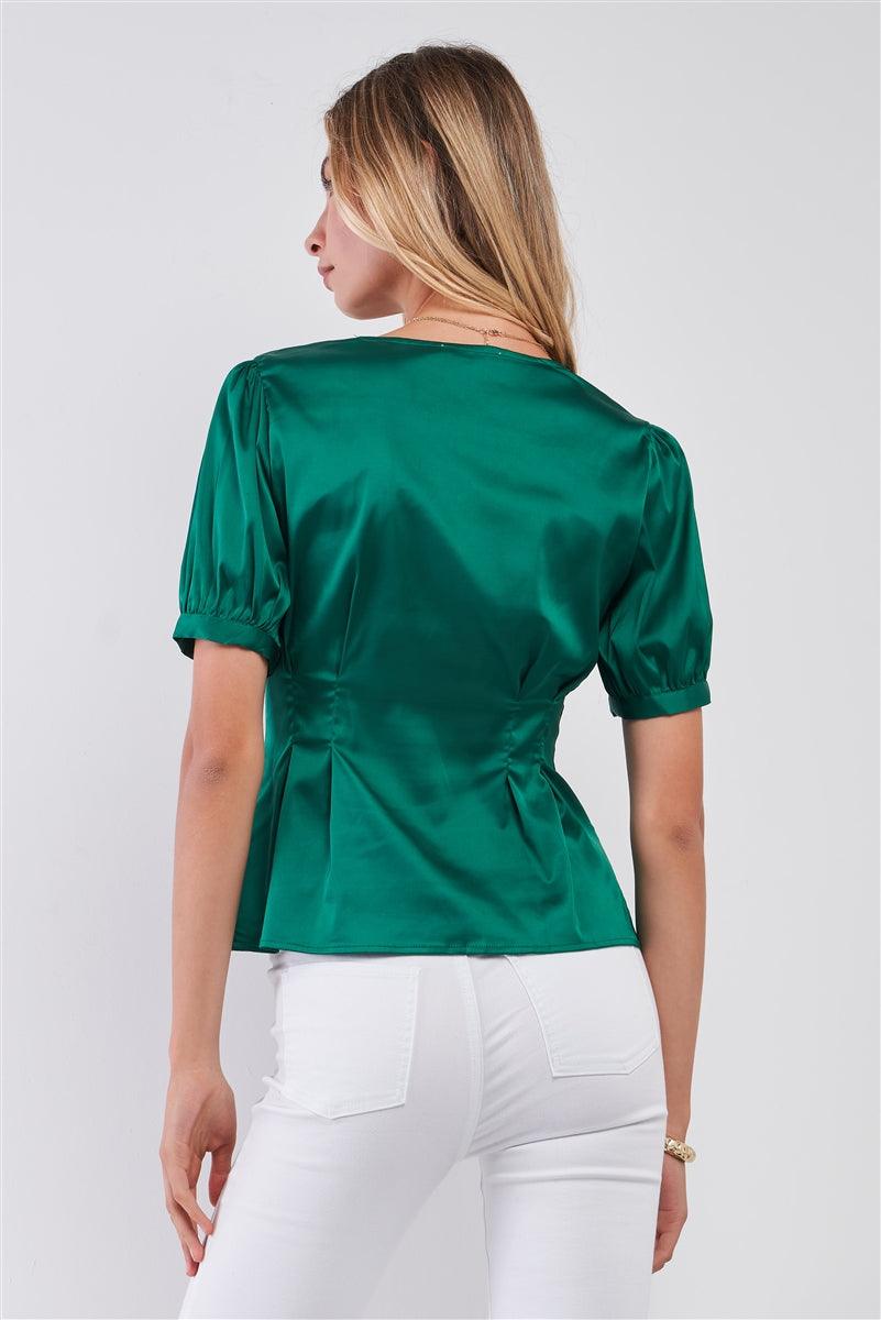 Kelly Green Satin Short Puff Sleeve V-neck Button-down Front Fit & Flare Blouse Top Naughty Smile Fashion