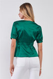 Kelly Green Satin Short Puff Sleeve V-neck Button-down Front Fit & Flare Blouse Top