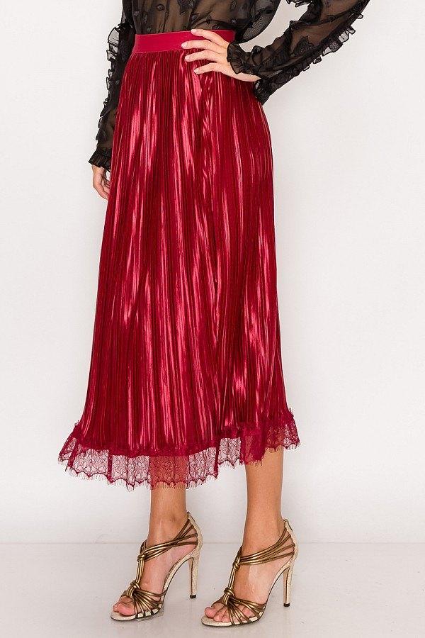 Lace Trim Accordion Pleated Midi Skirt Naughty Smile Fashion