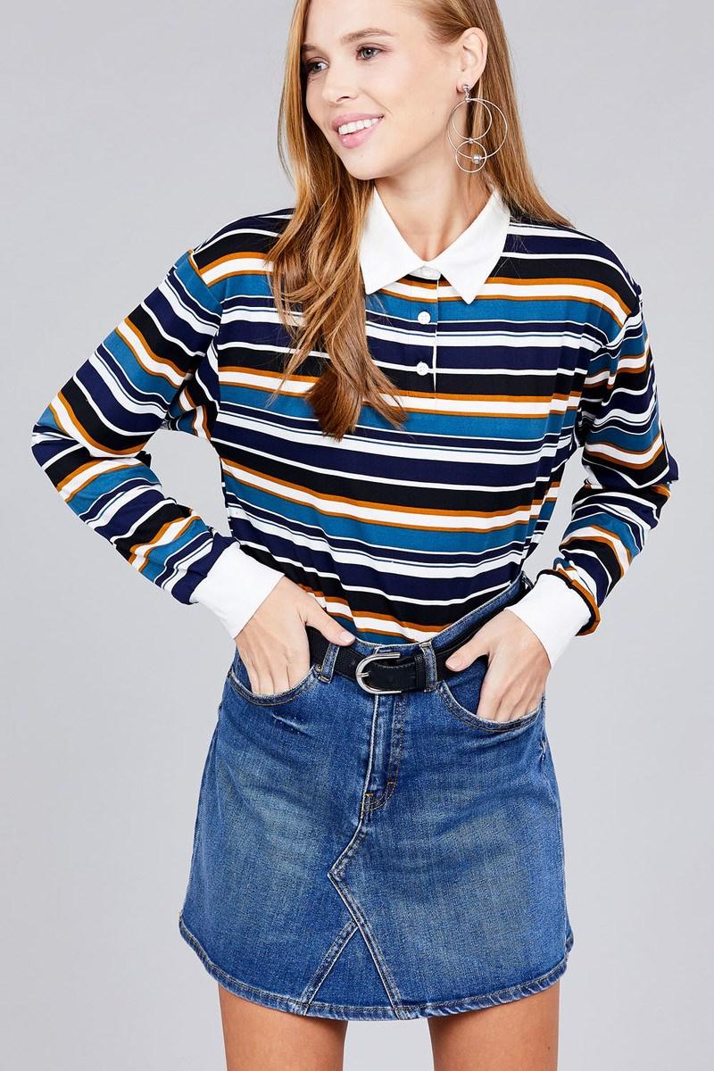 Ladies fashion plus size long sleeve multi striped dty brushed shirts Naughty Smile Fashion