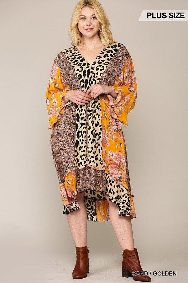 Leopard And Floral Mixed Print Hi Low Midi Dress With Waist Tie Naughty Smile Fashion