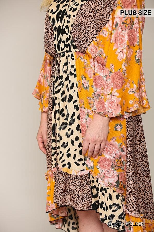Leopard And Floral Mixed Print Hi Low Midi Dress With Waist Tie Naughty Smile Fashion