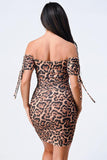 Leopard Print Off Shoulder Shirring Bodycon Dress Naughty Smile Fashion