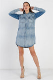 Light Denim Cotton Button Up Long Shirt & Mini Skirt Set Naughty Smile Fashion