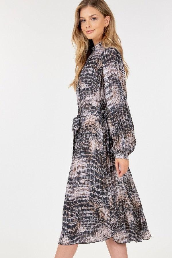 Long Sleeve Pleated Snake Skin Print Midi Dress Naughty Smile Fashion