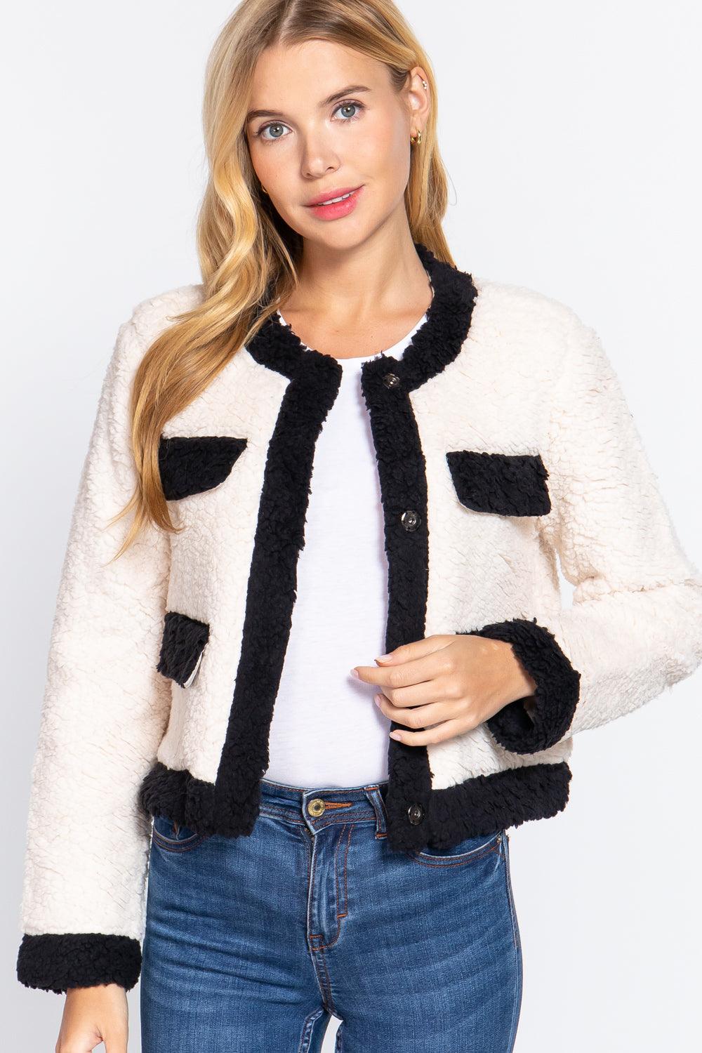 Long Sleeve Pocket Detail Faux Fur Jacket Naughty Smile Fashion