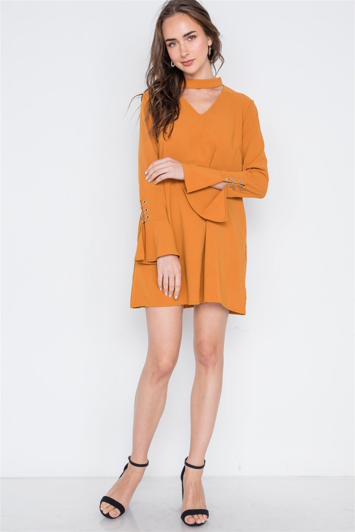 Long Sleeve V-cut Out Solid Mini Dress