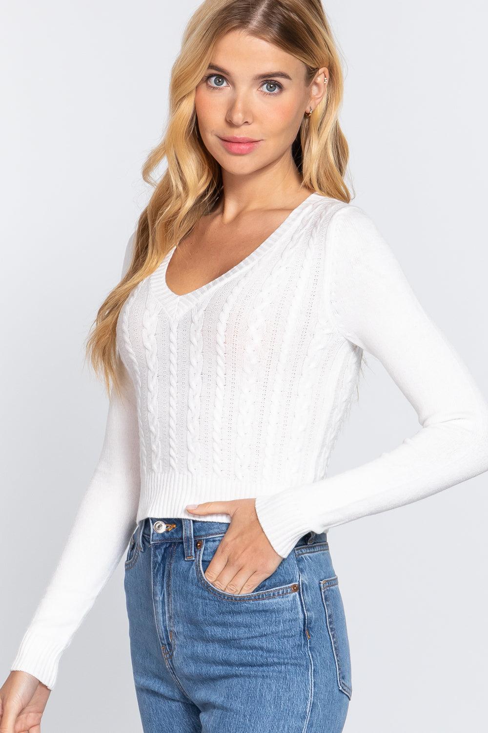 Long Sleeve V-neck Cable Sweater Naughty Smile Fashion