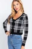 Long Sleeve V-neck Fitted Button Down Plaid Sweater Cardigan Naughty Smile Fashion