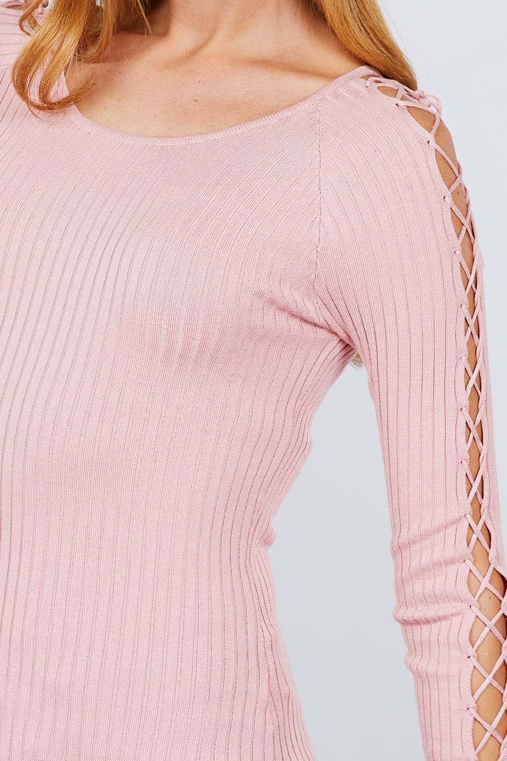 Long Sleeve W/strappy Detail Round Neck Rib Sweater Top Naughty Smile Fashion