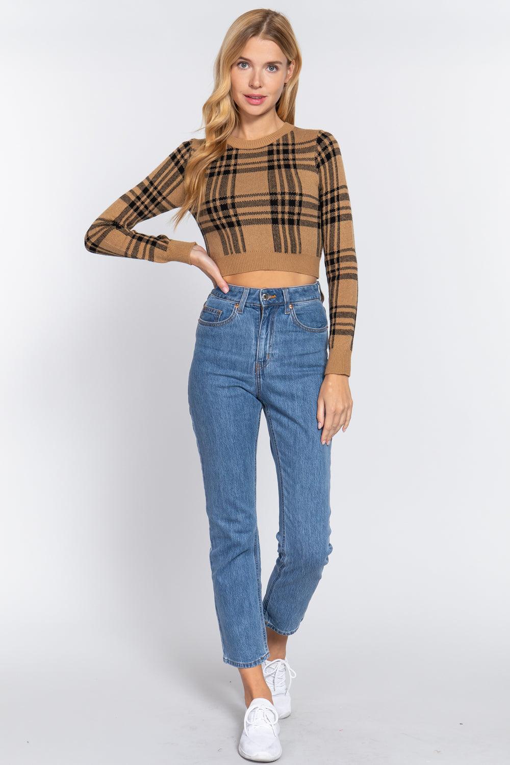 Long Slv Check Crop Sweater Naughty Smile Fashion