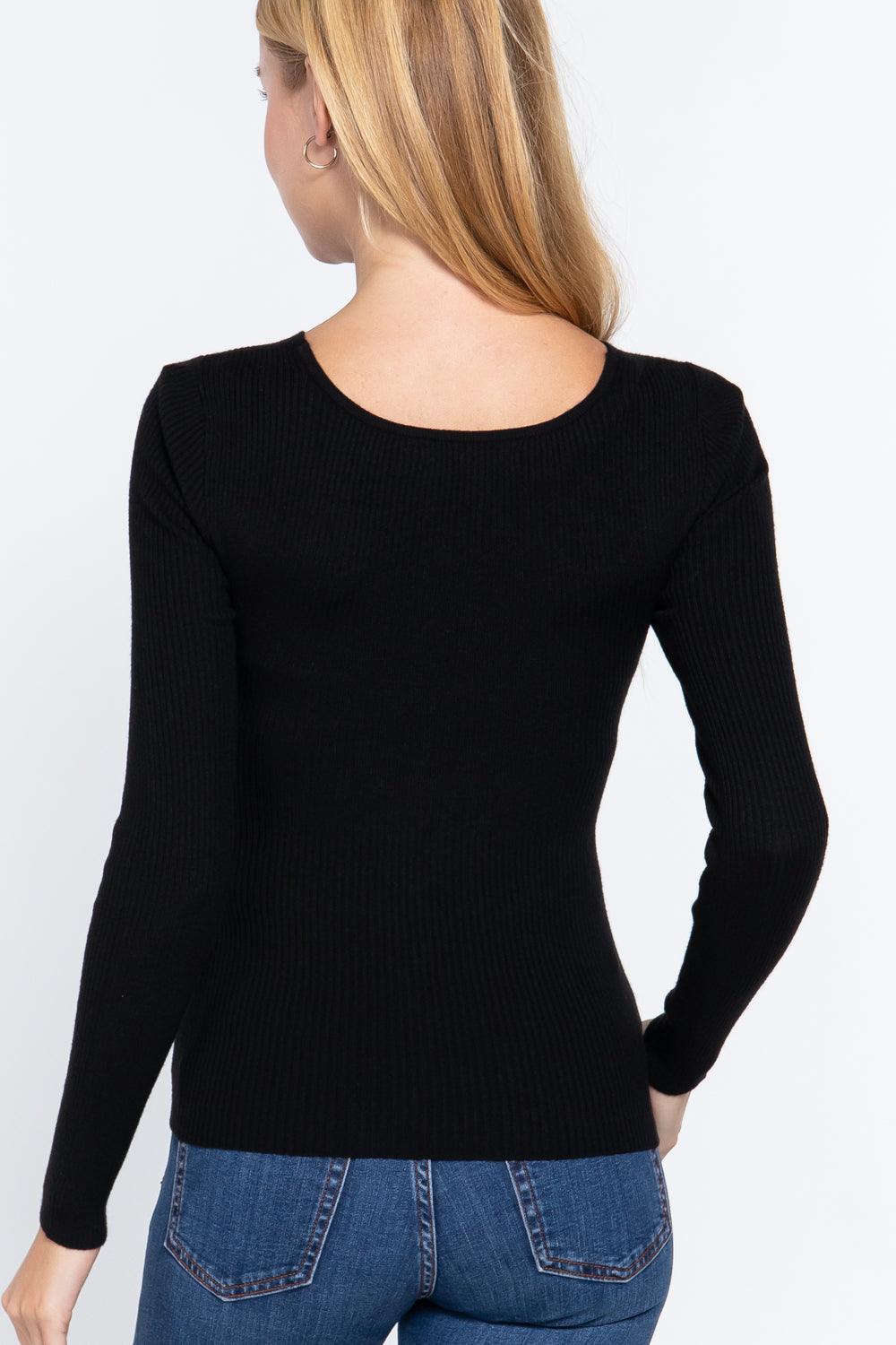Long Slv V-neck Knotted Sweater Naughty Smile Fashion
