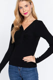 Long Slv V-neck Knotted Sweater Naughty Smile Fashion