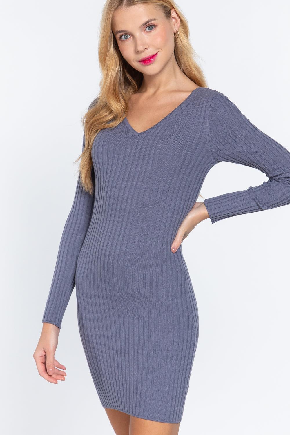 Long Slv V-neck Sweater Mini Dress Naughty Smile Fashion