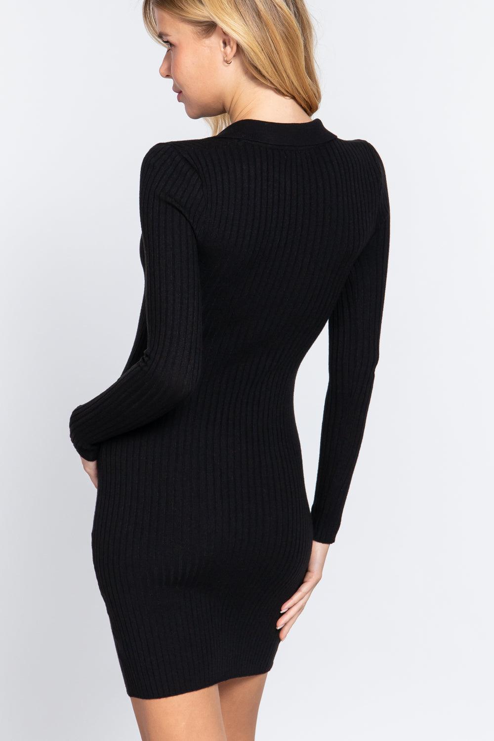 Long Slv V-neck Sweater Rib Mini Dress Naughty Smile Fashion
