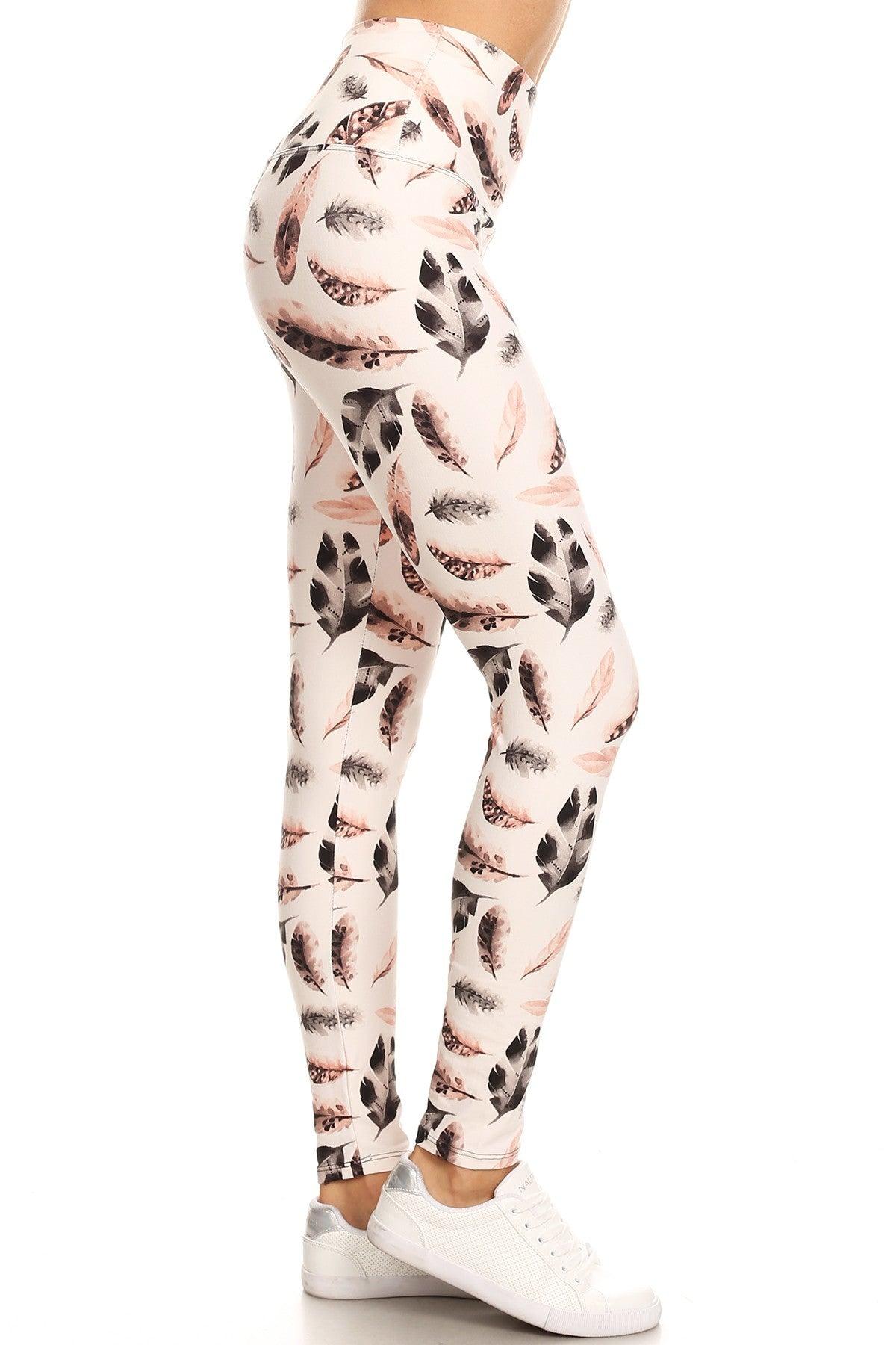 Long Yoga Style Banded Lined Leaf Printed Knit Legging With High Waist Naughty Smile Fashion