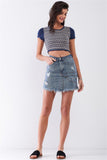 Medium Blue Denim High-waist Distressed Effect Asymmetrical Trim Raw Hem Detail Mini Skirt