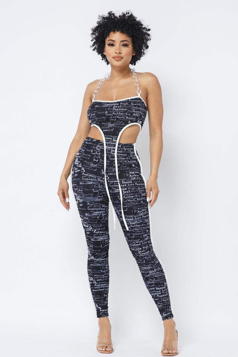 Mesh Print Crop Top With Plastic Chain Halter Neck With Matching Leggings Naughty Smile Fashion